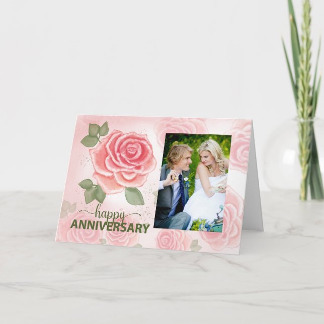 Carte Mariage Anniversaire Roses doux avec photo personn (Devant)