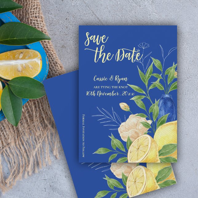 Carte Mariage au citron bleu floral Enregistrer la date (Blue Floral Lemon Wedding Save the Date
)