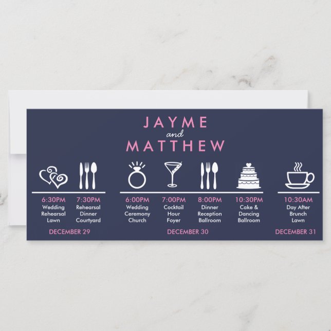 Carte Mariage bleu bleu marine Timeline Welcome Bag Note (Devant)