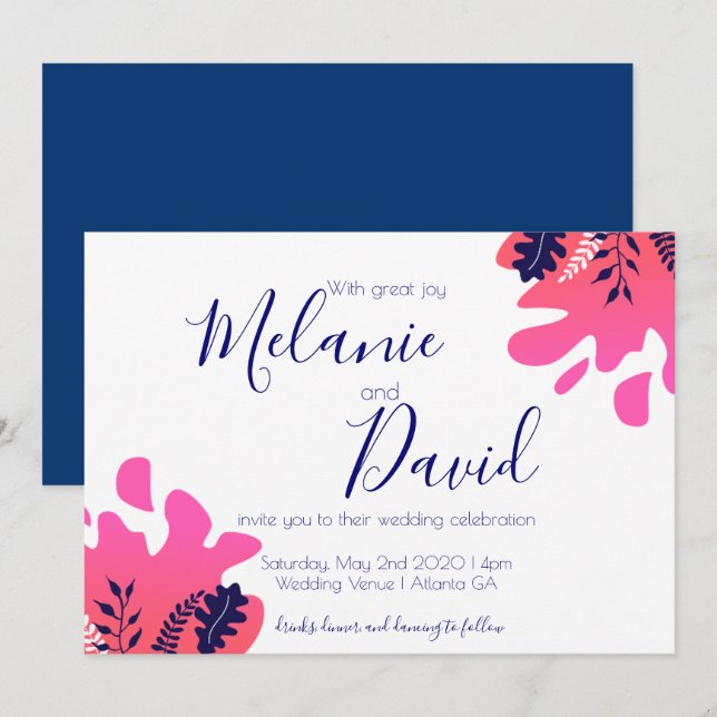 Carte Mariage bleu bleu rose chaud inspirée de la  (Devant / Derrière)