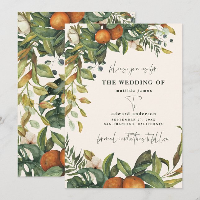 Carte Mariage botanique d'agrumes orange (Devant / Derrière)