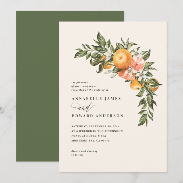 Carte Mariage botanique de fleurs d'agrumes orange (Devant / Derrière)