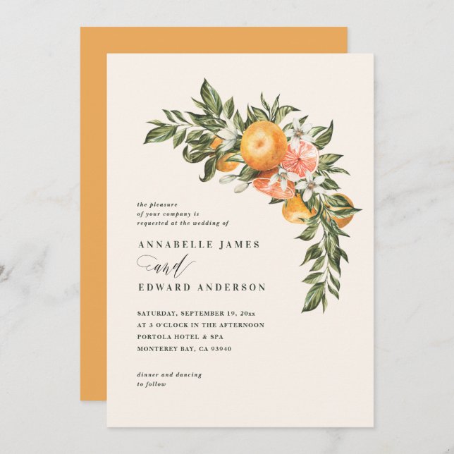 Carte Mariage botanique de fleurs d'agrumes orange (Devant / Derrière)