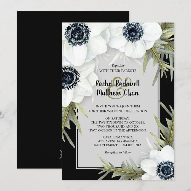 Carte Mariage botanique des anémones noirs et blancs (Devant / Derrière)