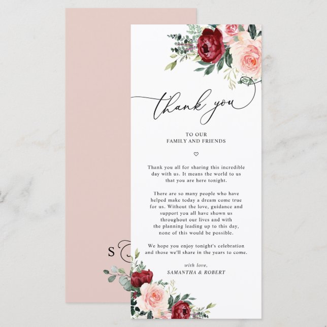 Carte Mariage Burgundy Blush Merci (Devant / Derrière)