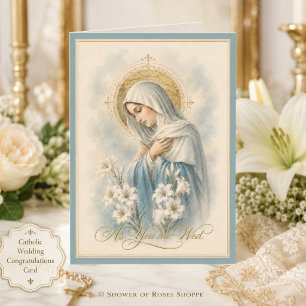 Carte Mariage catholique - Vierge Marie bénie aux lys