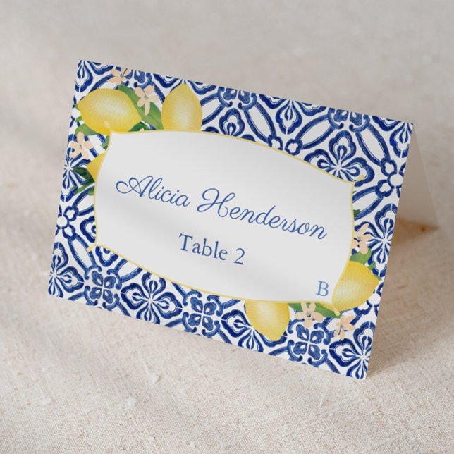Carte Mariage Citron bleu Sicilien Carreaux (Individual place card design featuring lemons with blue and white azulejo tile print)