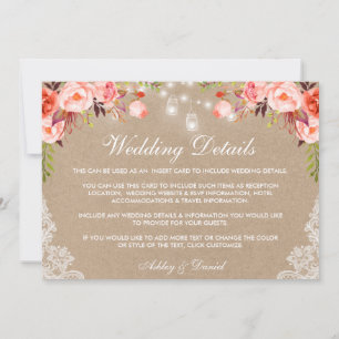 Carte Mariage Coral Jar Lumières Dentelles Détails Kraft