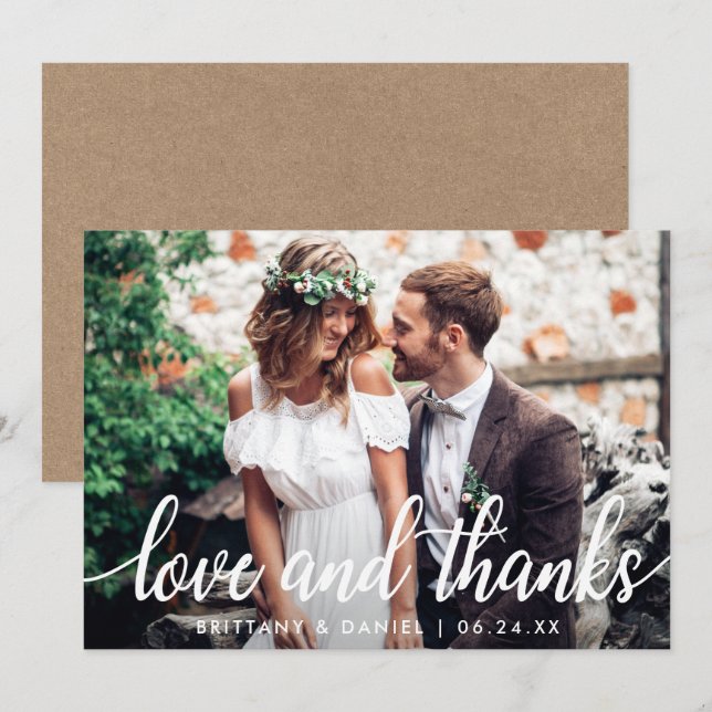 Carte mariage Couple Photo Kraft Love and Thanks (Devant / Derrière)