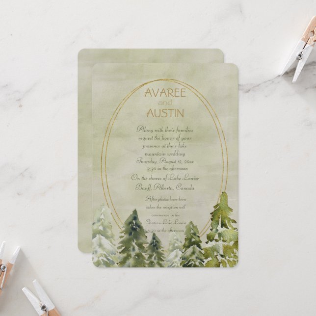 Carte Mariage dans les pins Vert et Or (Devant/Arrière en situation)