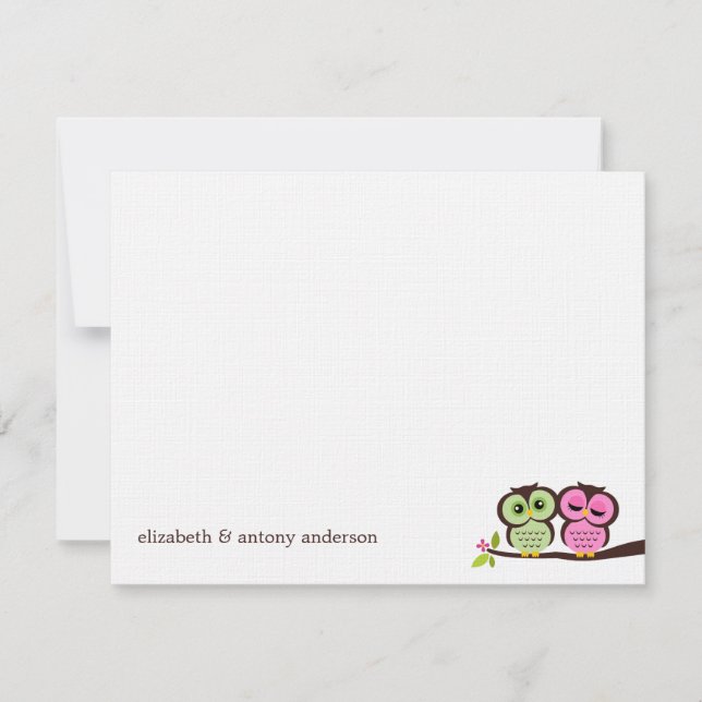 Carte Mariage de Chouettes vertes et roses (Devant)