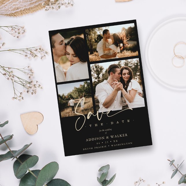 Carte Mariage de collage tendance noir Date de sauvegard (Créateur téléchargé)