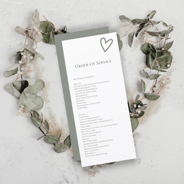 Carte Mariage de commande de service sans fantaisi (Nothing Fancy Order of Service Wedding Cards from Ricaso.  Sage green and white love heart detail)