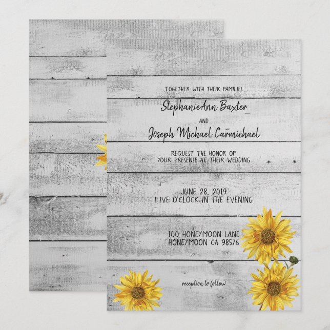 Carte Mariage de fleurs de soleil en bois blanc ru (Devant / Derrière)
