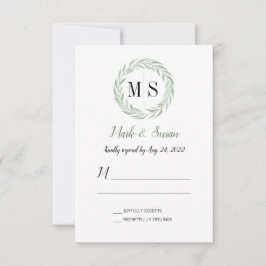 Carte Mariage de monogramme de couronne verte RSVP
