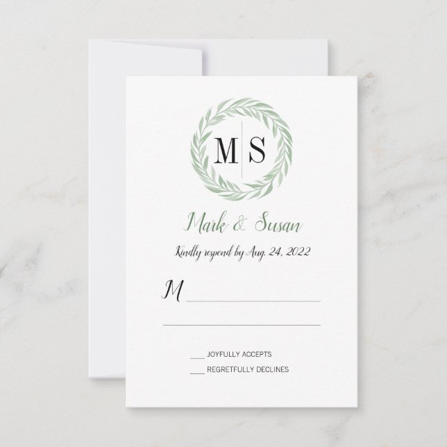 Carte Mariage de monogramme de couronne verte RSVP (Devant)