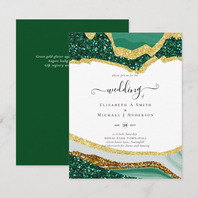 Carte Mariage de Parties scintillant d'Agate d'Or Vert S (Devant / Derrière)