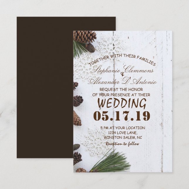 Carte Mariage de Pinecone et Snowflakes d'hiver (Devant / Derrière)
