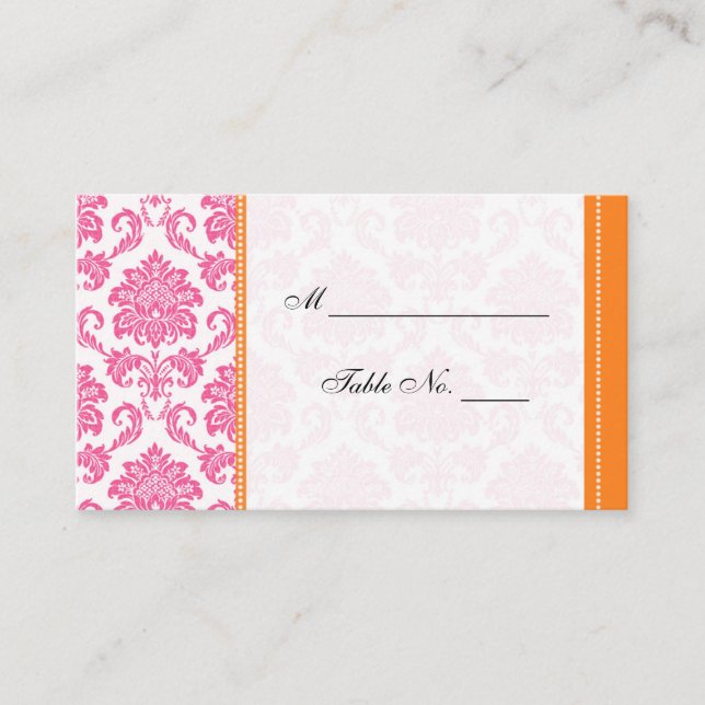 Carte mariage de table en damas rose et orange (Devant)