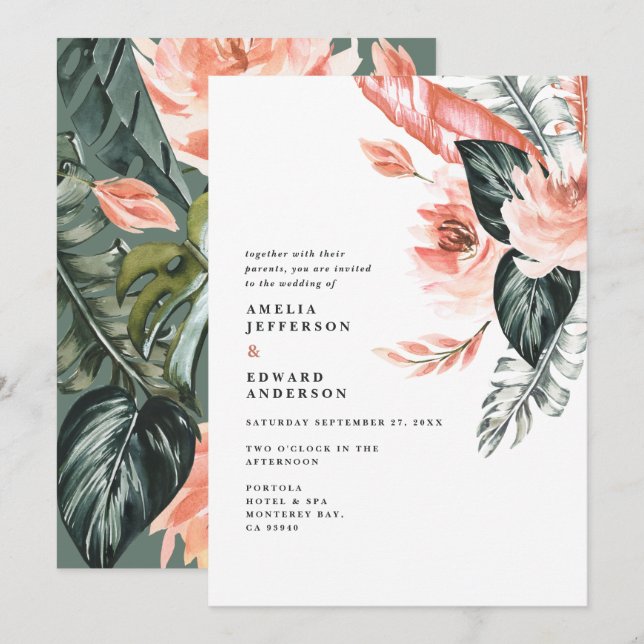 Carte Mariage de terracotta et feuillage tropical vert (Devant / Derrière)