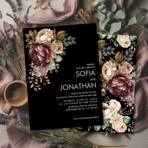 Carte Mariage d'hiver aux pivoines bordeaux et marron fo