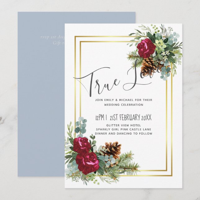 Carte Mariage d'hiver Eucalyptus Rose de Bourgogne (Devant / Derrière)