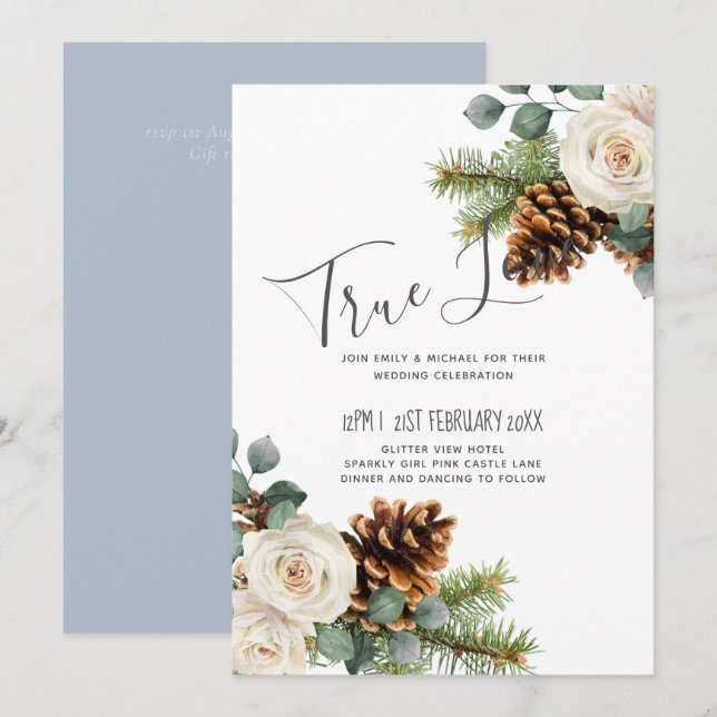 Carte Mariage d'hiver Eucalyptus Verdure Roses blanches (Devant / Derrière)