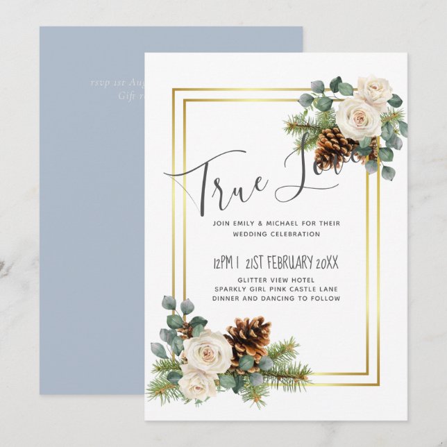 Carte Mariage d'hiver Roses blanches Or Dusty Bleu (Devant / Derrière)
