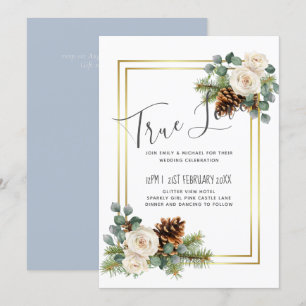 Carte Mariage d'hiver Roses blanches Or Dusty Bleu
