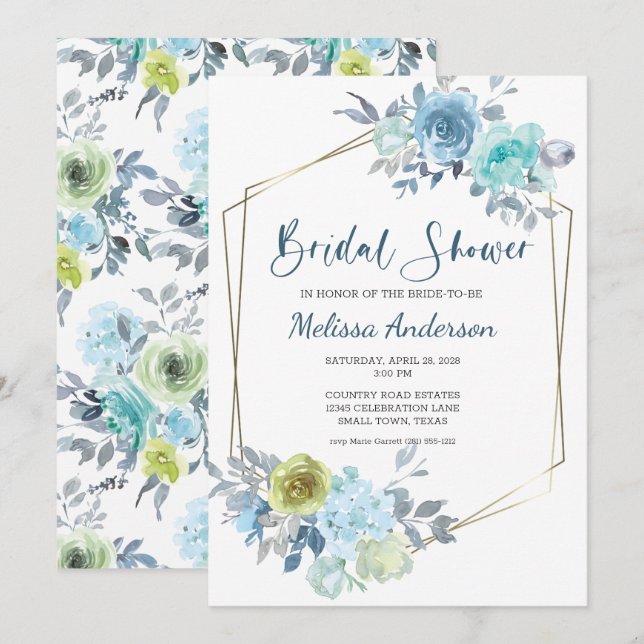 Carte Mariage élégant floral bleu clair jaune vert  (Devant / Derrière)