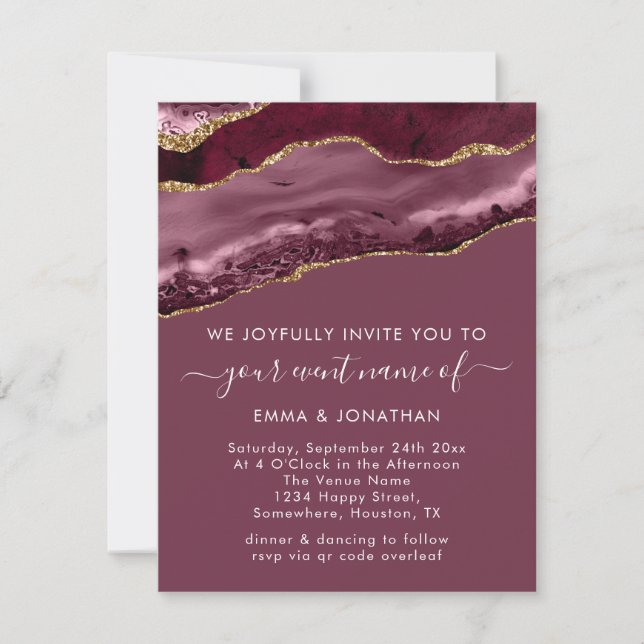 Carte Mariage événement QR Code Rose or Bourgogne (Devant)