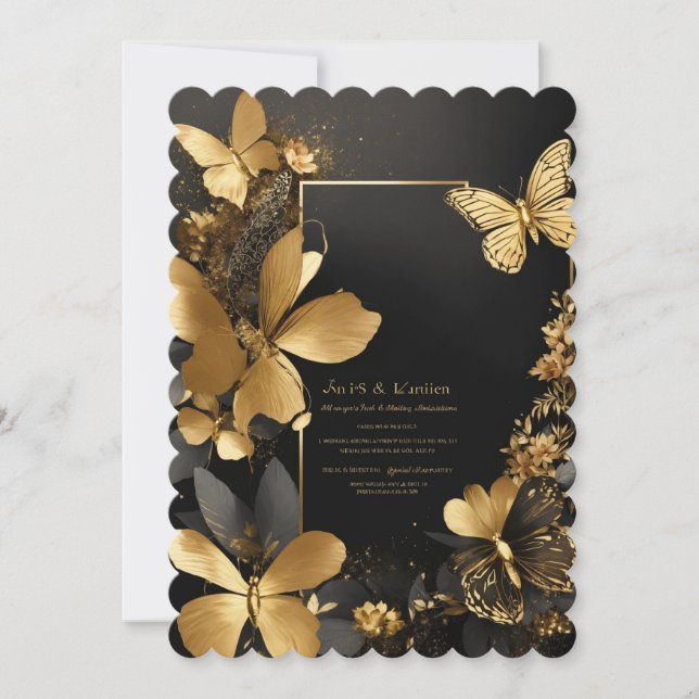 Carte Mariage exotique Black Gold Floral Butterfly Invit (Devant)