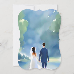 Carte Mariage extérieur jolie aquarelle mariée et chambr