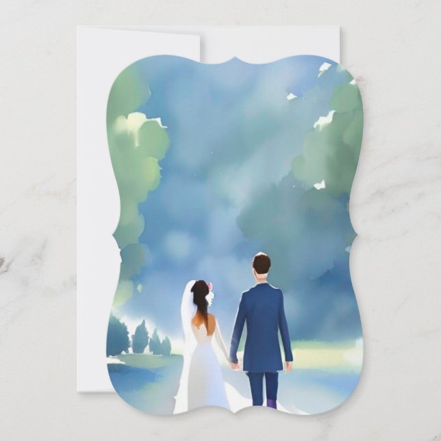 Carte Mariage extérieur jolie aquarelle mariée et chambr (Devant)