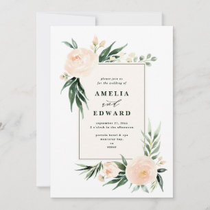 Carte Mariage feuille aquarelle pêche et crème + feuilla