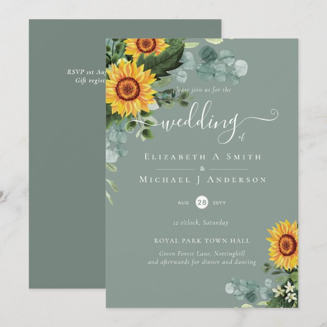 Carte Mariage Feuille des tournesols rustiques Eucalyptu (Devant / Derrière)