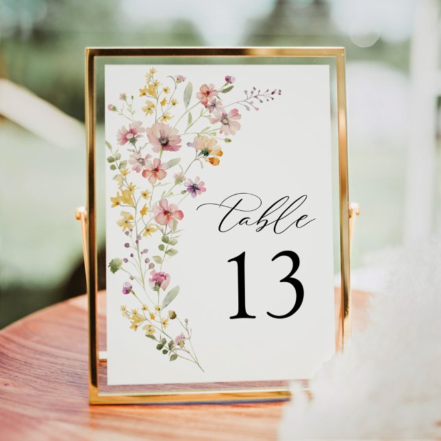 Carte Mariage Fleur sauvage couleur printemps Numéro de  (Wildflower meadow wedding table number sign with soft floral illustration and elegant typography)