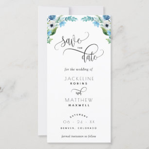 Carte Mariage Floral Bleu, Blanc Enregistrer La Date Sig