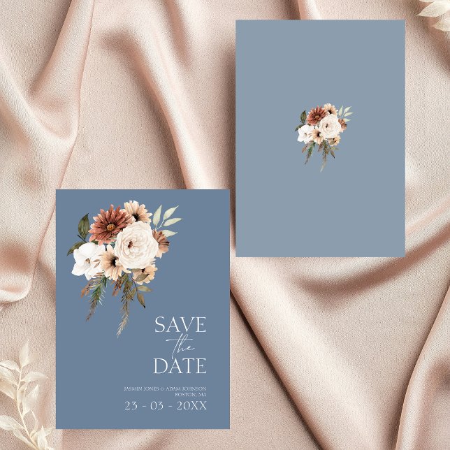 Carte Mariage floral de Pêche bleu rustique Enregistrer  (Elegant Dusty Blue Floral Wedding Save the Date)