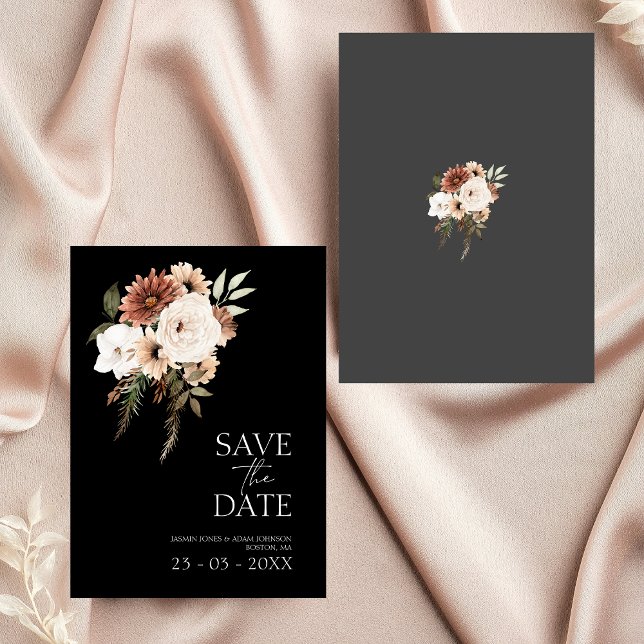 Carte Mariage floral de Pêche noire rustique Enregistrer (Rustic Black Peach Floral Wedding Save the Date)