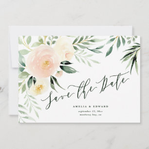 Carte Mariage floral et feuillage aquarelle pêche rose