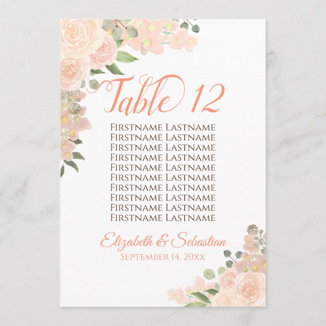 Carte Mariage Floral Pêche Numéro et noms Grand (Dos)