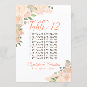 Carte Mariage Floral Pêche Numéro et noms Grand