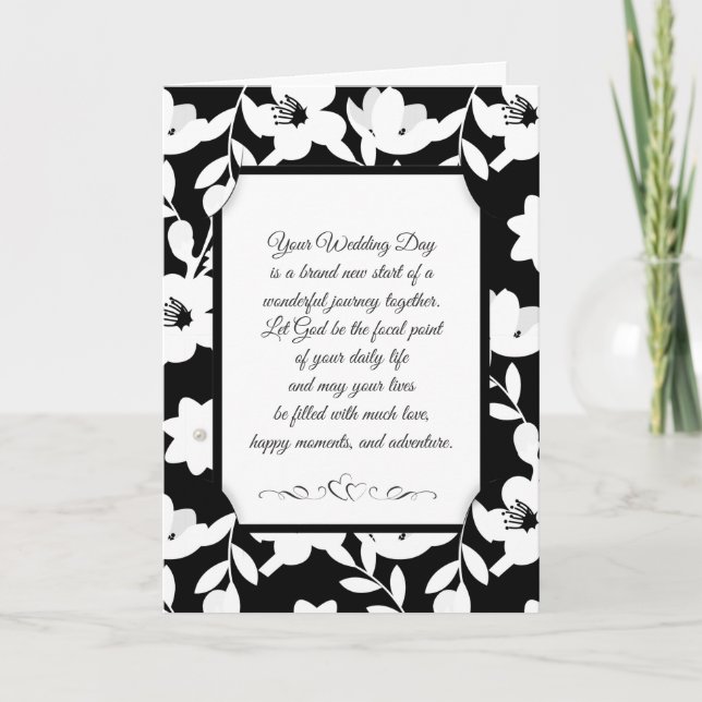 Carte Mariage floral religieux noir et blanc (Devant)