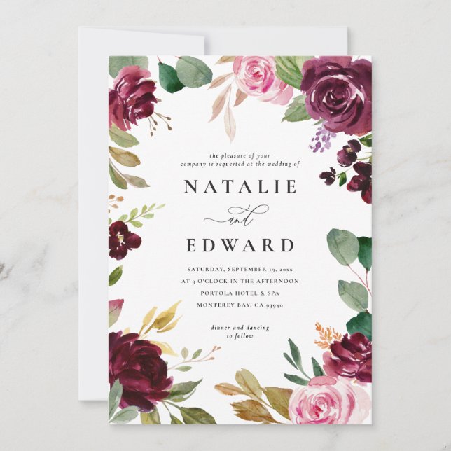 Carte Mariage floral rose, bordeaux et vert muet et figu (Devant)
