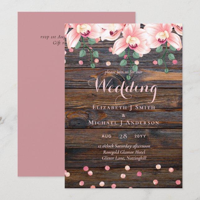 Carte Mariage floral rose Rose rustique (Devant / Derrière)