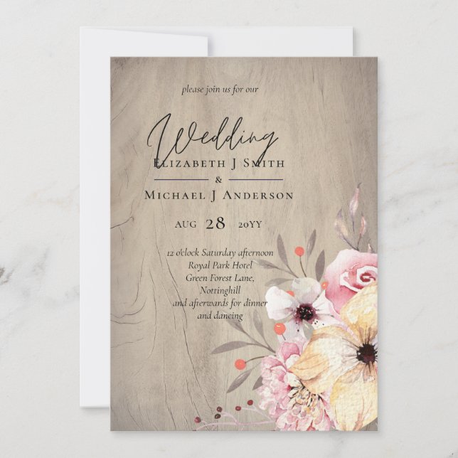 Carte Mariage Floral rose rousse rustique (Devant)