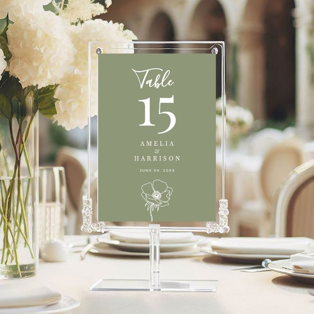 Carte Mariage floral vert Sage 5x7 Numéro du tableau (Sage Green Floral Wedding 5x7 Table Number with Line Art Flower, Couple Names, Wedding Date.)