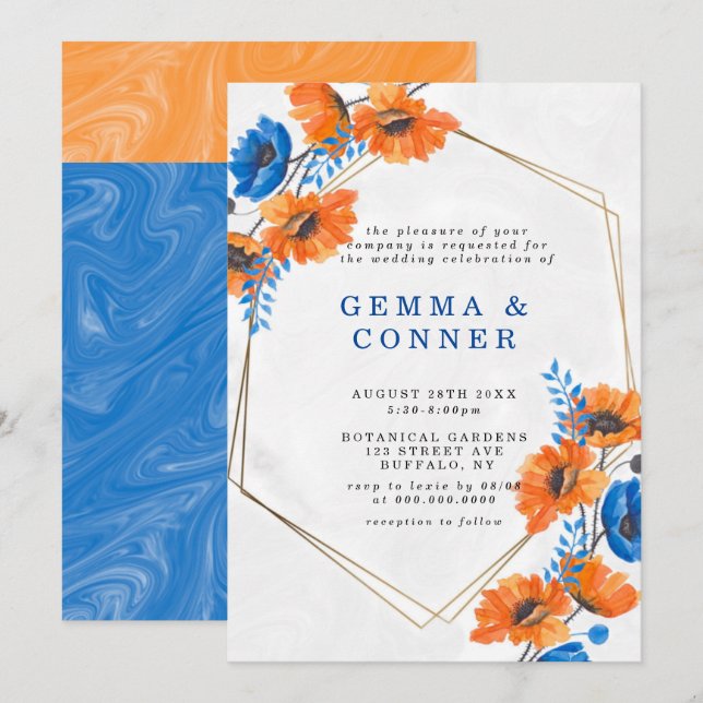 Carte Mariage géométrique bleu et orange (Devant / Derrière)
