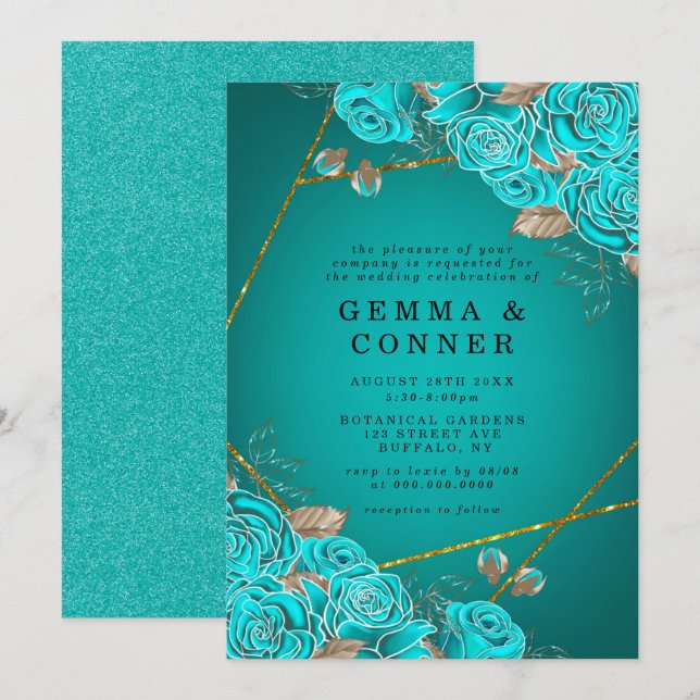 Carte Mariage géométrique Turquoise Rose Gold (Devant / Derrière)